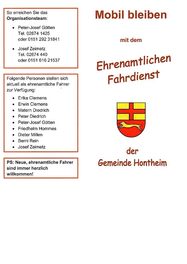 Aufbau eines ehrenamtlichen Fahrdienstes für ältere, immobile Bürger der Gemeinde Hontheim