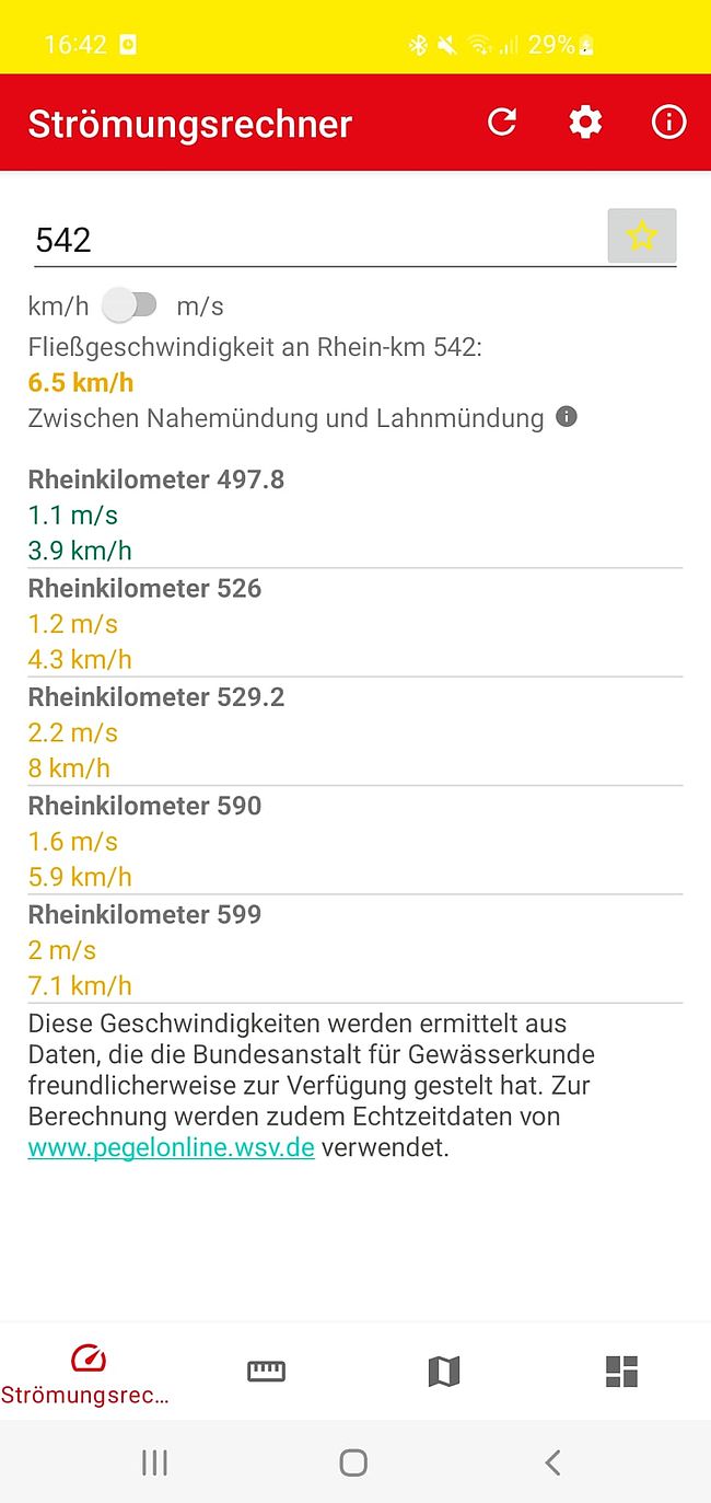 Echtzeitermittlung der Stromgeschwindigkeit und des Abdrifts im Rhein