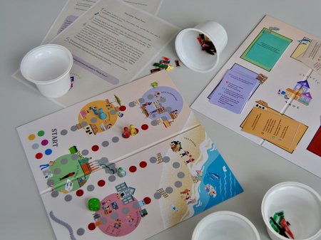 Überblick über das Spielmaterial – z.B. Quizkarten und Spielfeld