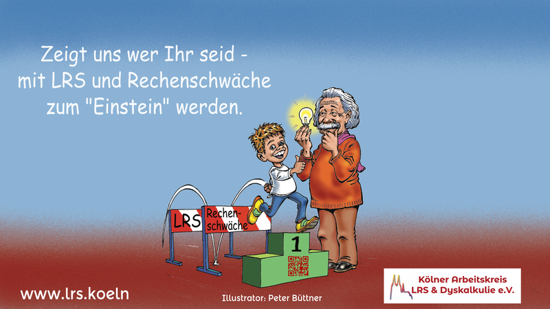 Junge springt über Hürde auf das Siegerpodest, an dem Albert Einstein steht