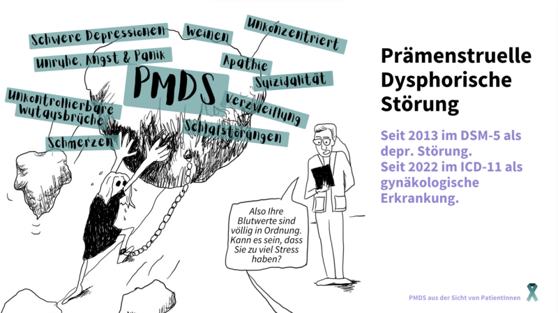 Eine Frau schiebt einen schweren Stein mit der Aufschrift PMDS einen Berg hoch.