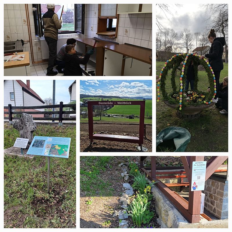 Renovierung Bürgerhaus/ Osterdekoration/ Fotopunkt Oesteröda gestalten/ Infotafeln aufstellen/  Begrünung Grillhütte