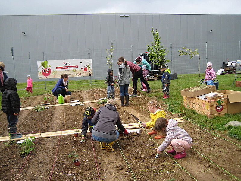 Kinder zusammen mit den Erzieherinnen und AckerBuddies