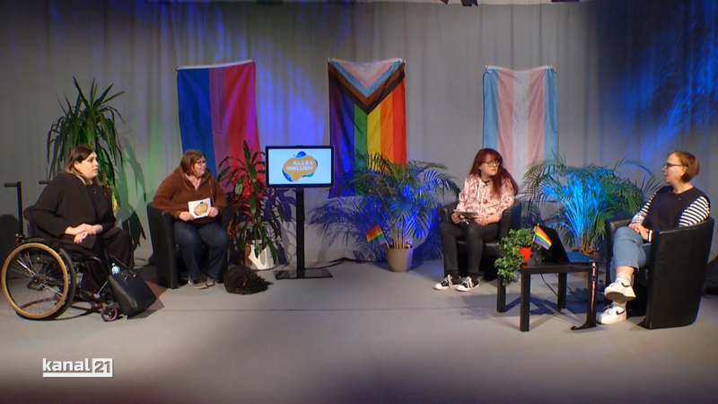 Vier verschiedene Menschen mit und ohne Behinderung sitzen in einem Fernsehstudio. Hinter ihnen hängen die Flagen für Bisexualität, die Progress-Flagge und die Flagge für Transgender.